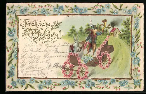 Präge-Lithographie Fröhliche Ostern!, Osterhasen im Automobil