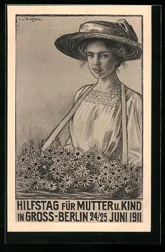 AK Berlin, Hilfstag für Mütter u. Kinder 1911, Kinderfürsorge, Mädchen mit Hut und Blumenbouquet