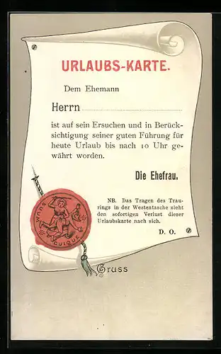 Künstler-AK Urlaubs-Karte für den Ehemann, frauenfeindlicher Humor