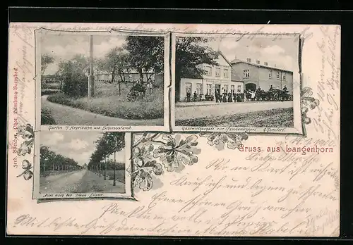 Passepartout-AK Langenhorn, Gasthaus zur Tannenkoppel mit Garten, Allee nach der Irren-Kolonie