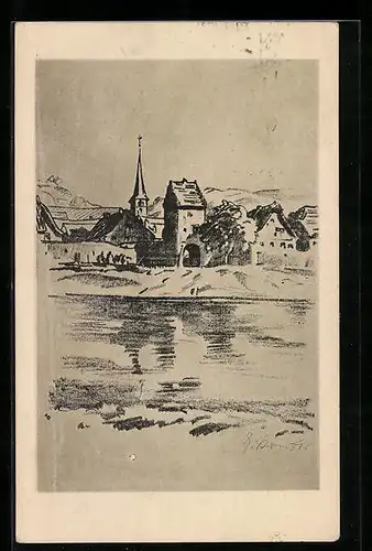 Künstler-AK sign. Heiner Dikreiter: Frickenhausen, Fluss vor der Stadt