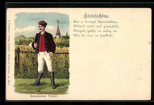 Lithographie Mann in Steinlacher Tracht vor einem Feld