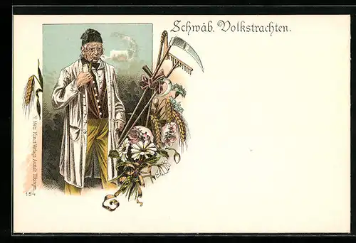 Lithographie Schwabe mit Pfeife, Rechen und Sense, schwäbische Tracht