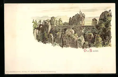 Lithographie Bastei / Sächs. Schweiz, Bastei-Brücke