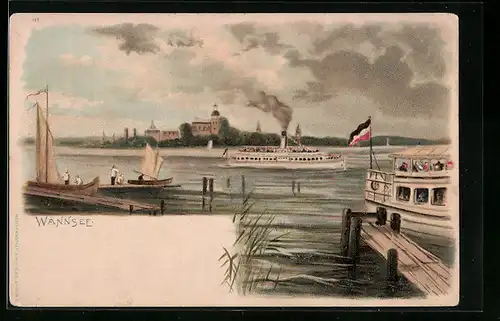 Lithographie Berlin-Wannsee, Blick auf den See mit Ausflugsdampfern