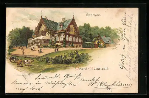 Lithographie Bremen, Dreierei-Bürgerpark mit Kuhfeld nebenan