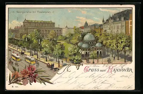 Lithographie Hannover, Georgstrasse mit Theaterplatz und Strassenbahn aus der Vogelschau