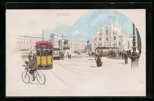 Lithographie Milano, Ortsansicht mit Strassenbahn