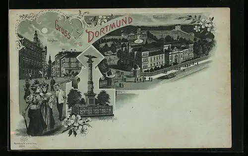 Lithographie Dortmund, Fredenbaum, Strassenpartie mit Besuchern am Burgthor, Siegesdenkmal