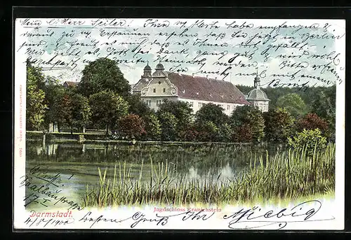 AK Darmstadt, Uferpartie am Jagdschloss Kranichstein