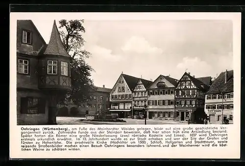 AK Oehringen in Württemberg, am Brunnen auf dem Marktplatz, alte Fachwerkhäuser