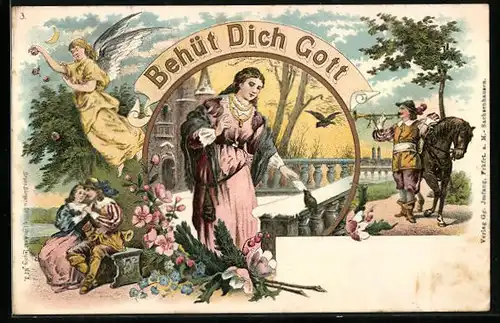 Lithographie Behüt Dich Gott!, Trompeter mit Pferd, im Park mit Trachten, Engel