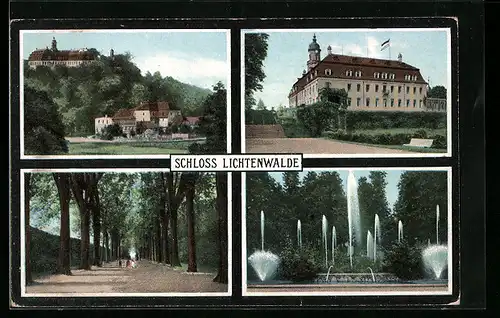 AK Lichtenwalde, Blick hinauf zum Schloss, Parkallee, Brunnen mit Wasserkunst