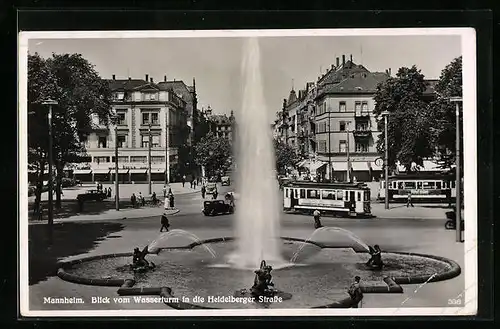 AK Mannheim, Blick vom Wasserturm in die Heidelberger Strasse mit Strassenbahn