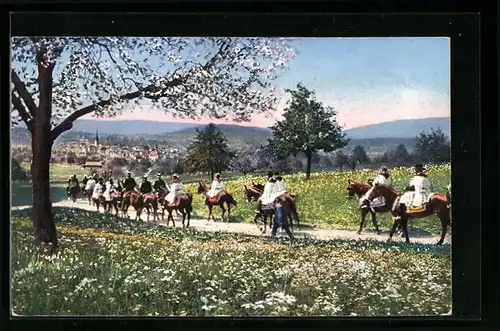 AK Münster, Auffahrtsprozession in frühlingshafter Landschaft