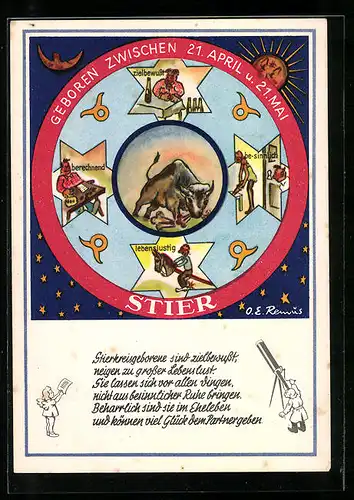 AK Sternzeichen Stier, Stierkreisgeborene sind zielbewusst..., Horoskop, Astrologie