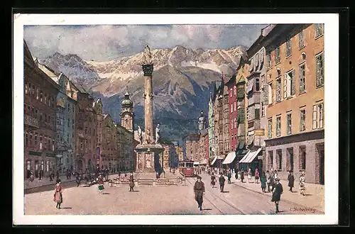 AK Innsbruck, Maria Theresienstrasse mit Strassenbahn und Bergpanorama