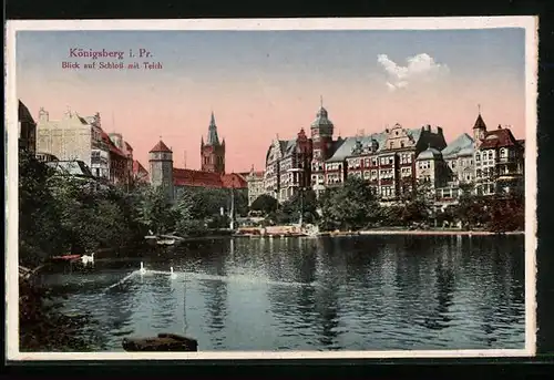 AK Königsberg, Blick auf Schloss mit Teich