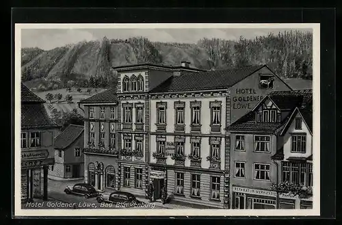 Künstler-AK Bad Blankenburg / Thür. Wald, Hotel Goldener Löwe und Geschäfte