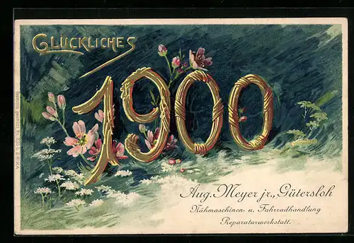 AK Jahreszahl mit Blumen, Neujahrsgruss 1900