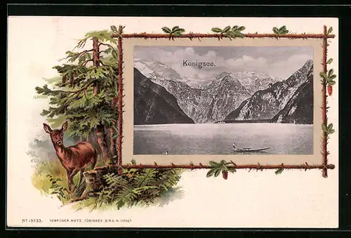 Passepartout-Lithographie Königsee, Panorama, Reh im Wald