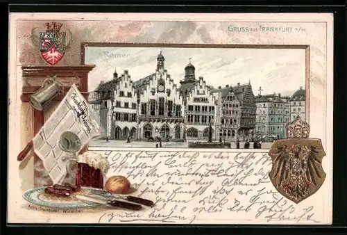 Passepartout-Lithographie Alt-Frankfurt, Römer, Teller mit Würsten, Wappen