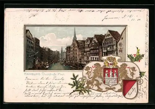 Passepartout-Lithographie Alt-Hamburg, Ortspartie am Deichstrasse-Fleet, Wappen