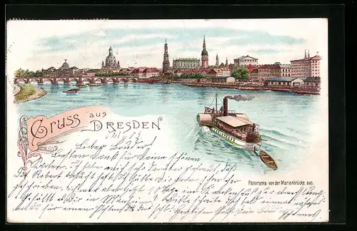 Lithographie Dresden, Panorama von der Marienbrücke aus