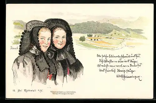 Lithographie Rottweil a. N., Zwei Mädchen in schwäbischer Tracht über Hügellandschaft