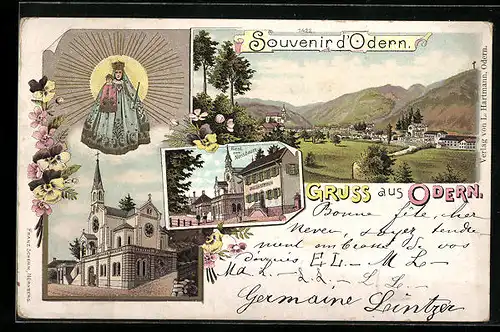 Lithographie Odern, Restaurant zum Nussbaum, Gesamtansicht, Gnadenbild, Kirche