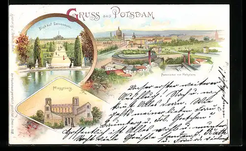 Lithographie Potsdam, Panorama aus der Vogelschau, Sanssouci, Pfingstberg