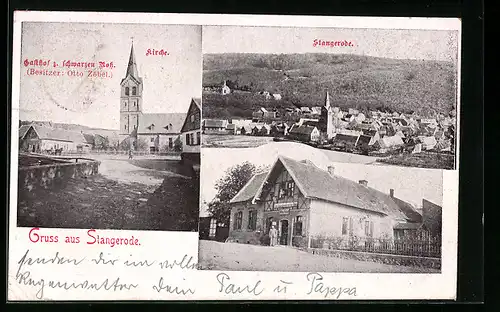 AK Stangerode, Gasthof zum schwarzen Ross mit Kirche, Teilansicht