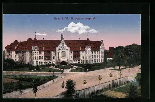 AK Buer i. W., St. Marienhospital bei Abendstimmung