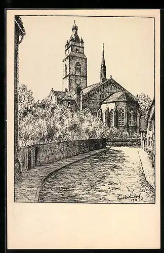 Künstler-AK Gross-Gerau, An der Helwigstrasse, Kirche