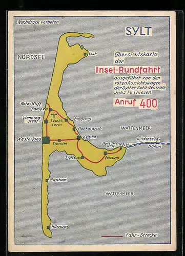 AK Sylt, Übersichtskarte der Insel-Rundfahrt