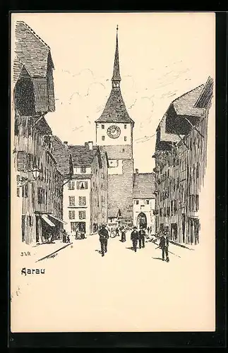 Künstler-AK Aarau, Strassenpartie mit Rathaus