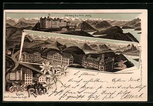 Lithographie Rigi, Schreiber`s Rigi-Kulm Hotels, Hotel und Pension Rigi-Staffel