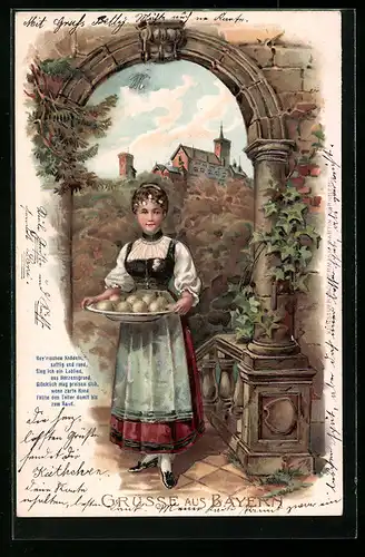 Präge-Lithographie Junge Frau mit Festtags-Essen, thüringische Tracht