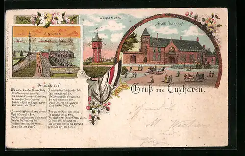 Lithographie Cuxhaven, Stadt Bahnhof, Wasserturm, Alte Liebe