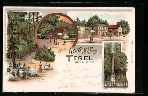 Lithographie Berlin-Tegel, Schloss-Restaurant von G. Triller, Denkmal der Familie Humbold