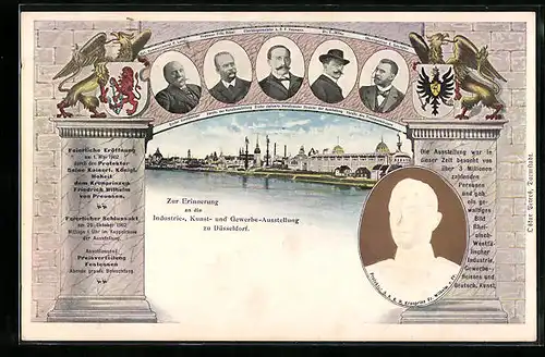 AK Düsseldorf, Industrie-, Kunst- und Gewerbe-Ausstellung 1902, Ausstellungsgelände vom Rhein aus, Wappen