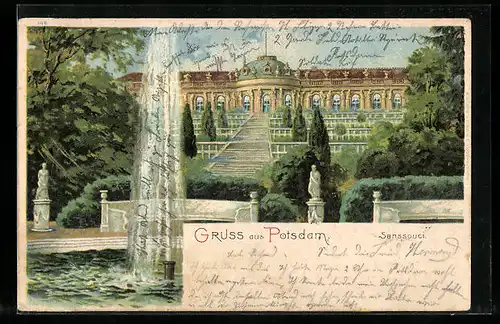 Lithographie Potsdam, Blick auf Schloss Sanssouci