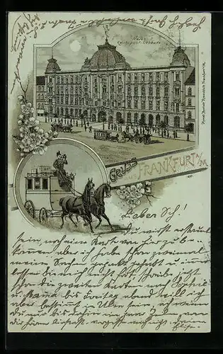 Mondschein-Lithographie Frankfurt a. M., Reichspost mit Strasse, Postkutsche mit Postillon