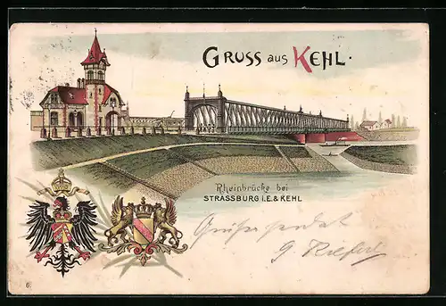 Lithographie Strassburg i. E., Rheinbrücke nach Kehl, Wappen der Orte