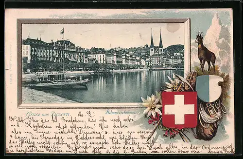 Passepartout-Lithographie Luzern, Schweizerhofquai, Wappen, Bateaux à Louer