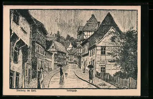 Künstler-AK Stolberg / Harz, Blick in die Niedergasse-Strasse