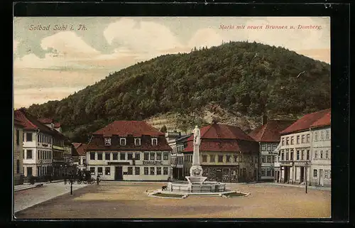 AK Suhl i. Th., Markt mit neuem Brunnen und Domberg