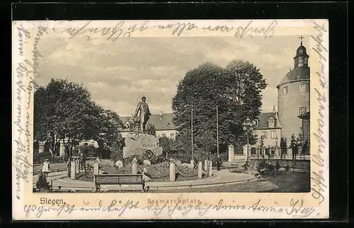 AK Siegen, Bismarckplatz mit Denkmal