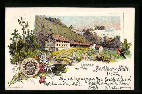 Lithographie Berliner Hütte, Berghütte mit Gebirgspanorama