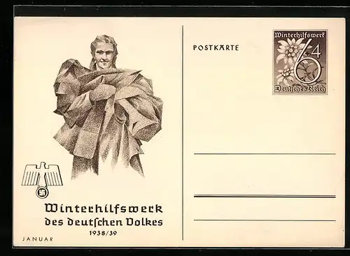 AK WHW Winterhilfswerk, 1938 /39, Mädchen mit Winterkleidung, Reichsadler, Ganzsache